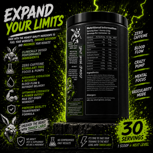 TANKER LABS PUMP ACTION™ – Stim-Free Pump Formula
Maximum Pumps. Zero Stimulants. Pure Blood Flow.