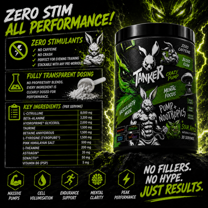 TANKER LABS PUMP ACTION™ – Stim-Free Pump Formula
Maximum Pumps. Zero Stimulants. Pure Blood Flow.