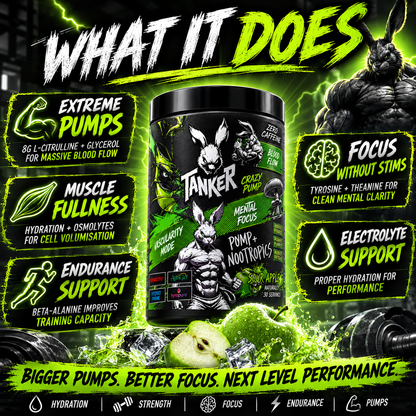 TANKER LABS PUMP ACTION™ – Stim-Free Pump Formula
Maximum Pumps. Zero Stimulants. Pure Blood Flow.